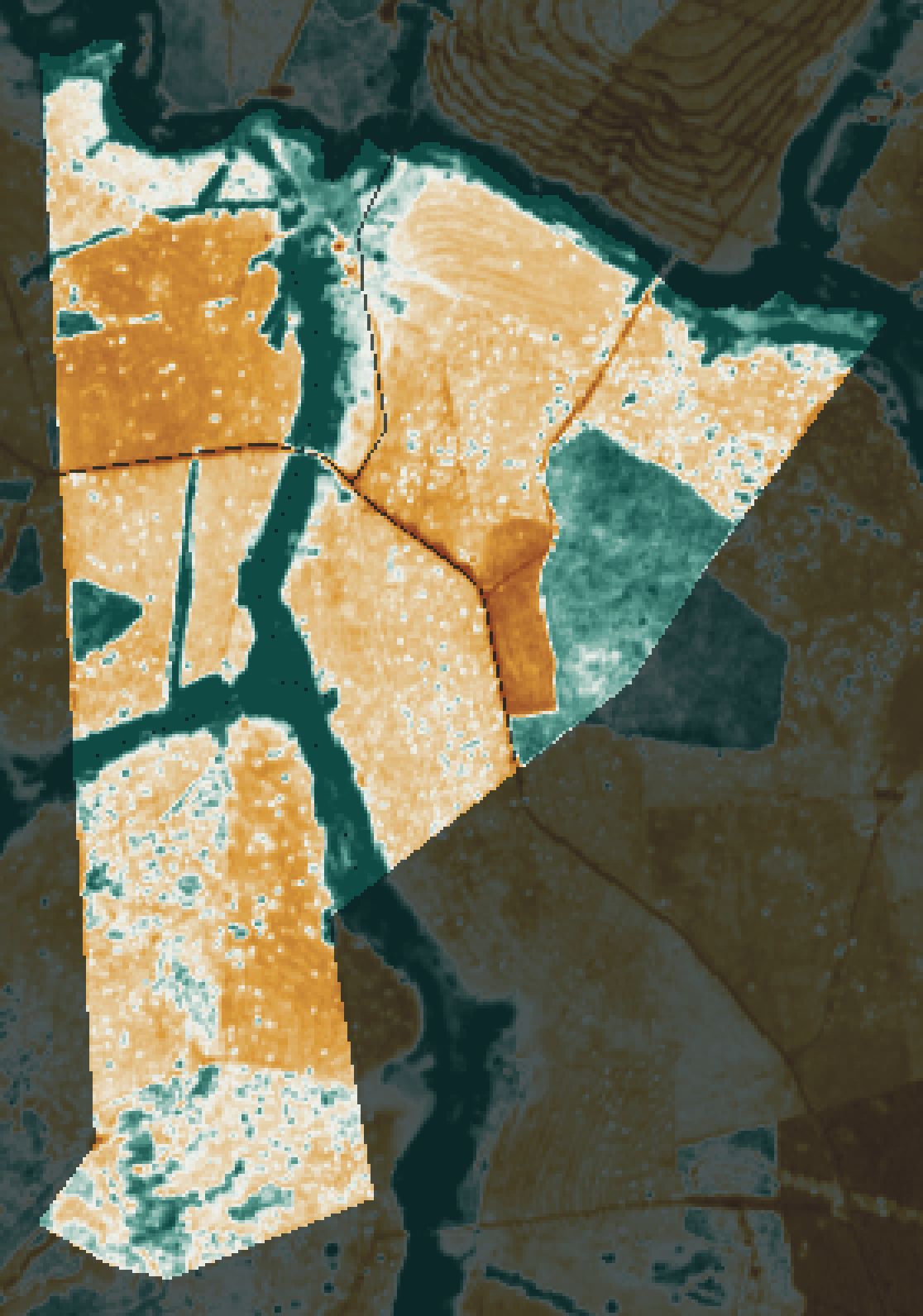 Mapa da fazenda parceira: áreas abaixo da média do próprio talhão em tons de terra, acima em verde-escuro.