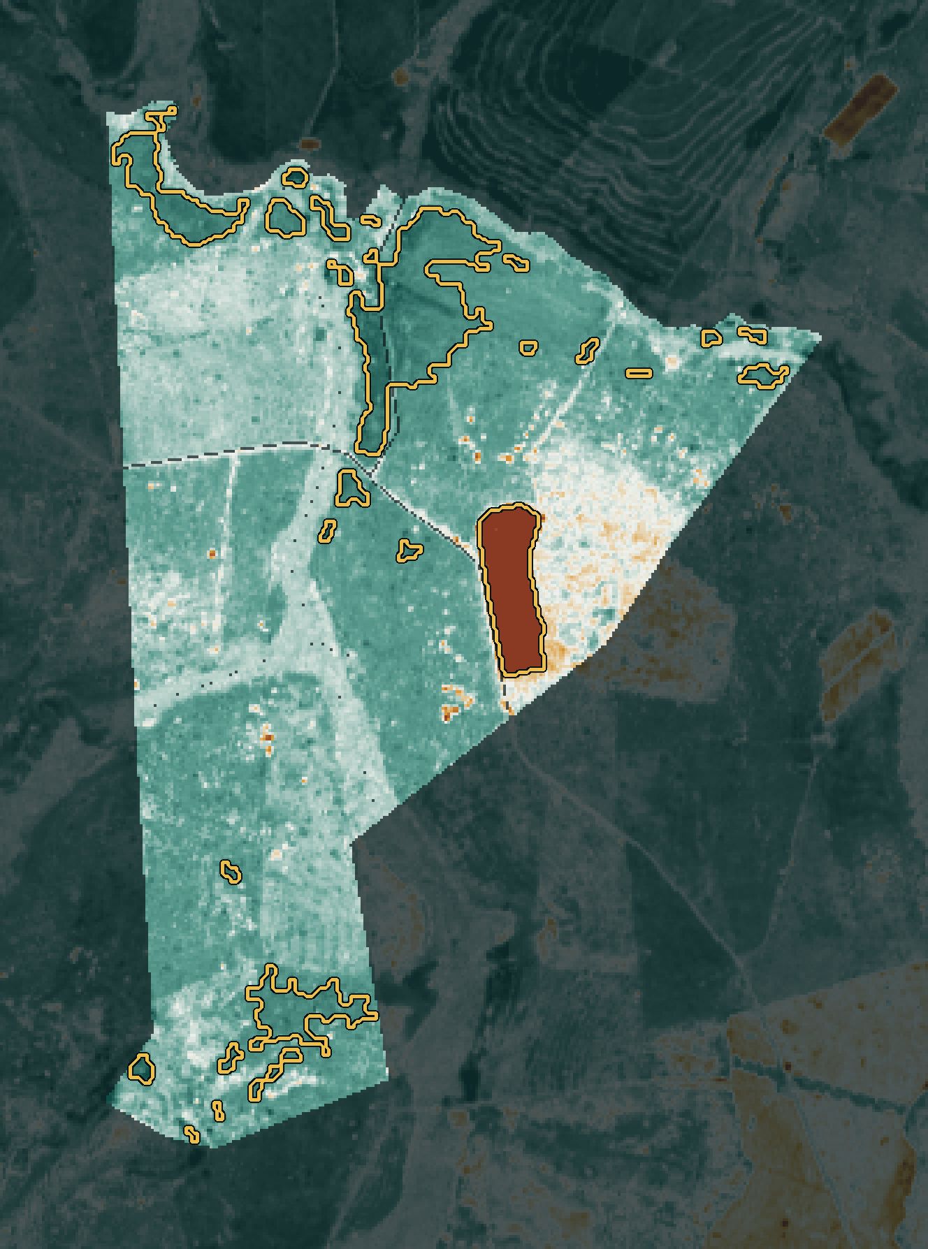Mapa da diferença de NDVI entre 2025 e 2026: tons de terra perderam vigor, verde-água ganharam, e contornos amarelos marcam as mudanças fortes.